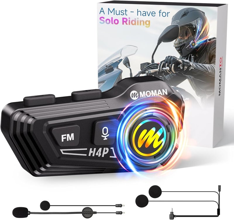 MOMAN Motorcycle Helmet Headset, RS-H4P Motorbike Headphone with Hi-Fi Speakers Dual Noise Reduction【New Upgrade】in RGB/FM/Glove-Friendly Button/Soft & Hard Mic/AI Voice/IPX6 Earphone for Solo Riding - Image 1